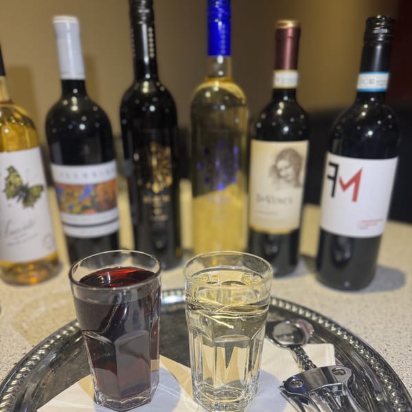 Red and white wine glasses on a silver tray with six wine bottles in the background.