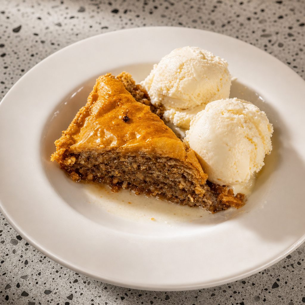 Homemade Baklava and Vanilla Ice Cream.