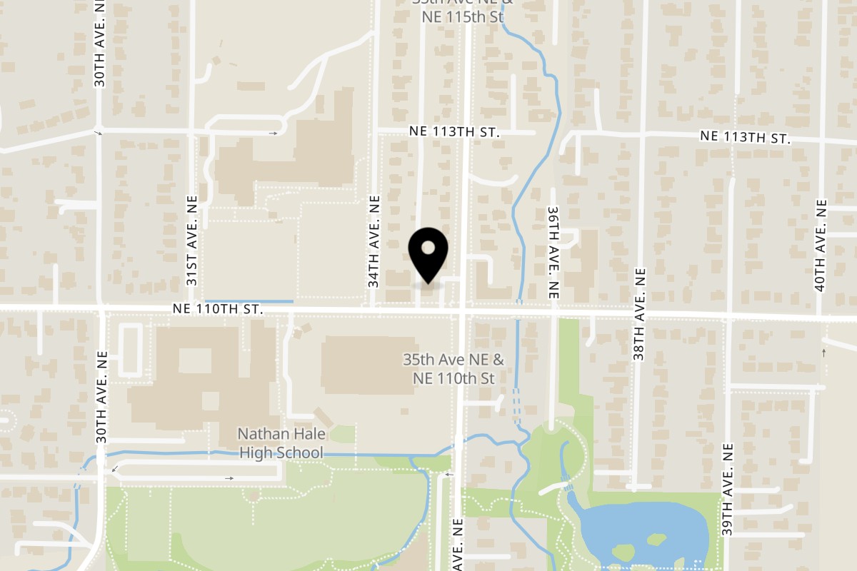 Map showing the location of Santorini Pizza & Pasta on 11001 35th Ave NE in Seattle